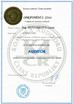 Certifikát auditora Ing. Lucie Hovorková